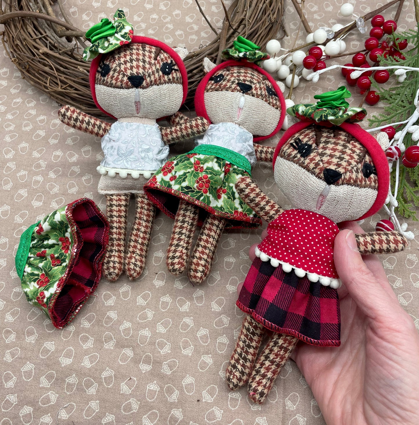 Handmade Chipmunk Doll, Stuffed chipmunk, Reversible clothes, gift idea, gift for kids, Christmas Doll, Xmas gift, plaid, cute doll