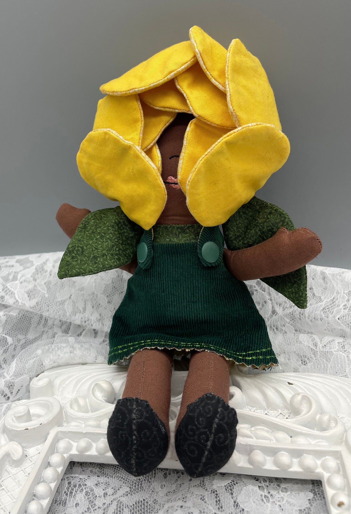 FLOWER DOLL, VALENTINE ROSE doll, Black Doll, Posable petals, Handmade, reversible dress, yellow roses, Unique, black doll, diverse, easter, heirloom doll, gift
